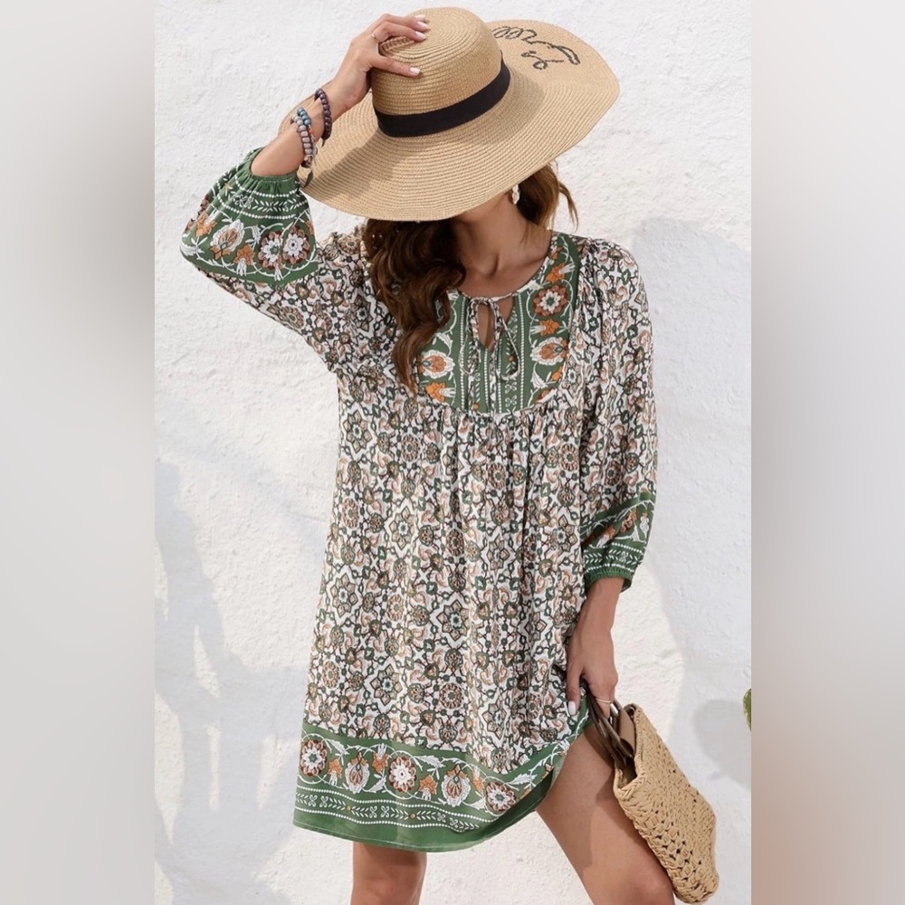 Bluetime Boho Floral Babydoll Dress XL V Neck 3/4 Sleeve Flowy Beach Dress NWT - Picture 2 of 9
